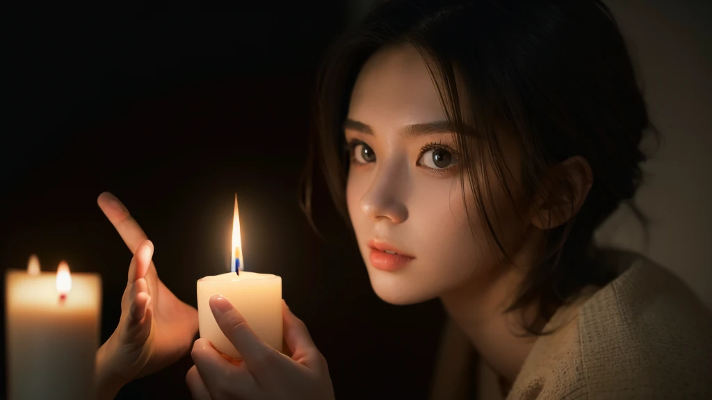  top quality， masterpiece，  ultra-high resolution ， （In reality：1.5），  RAW photographers lovely ，  in the dark of night， dark shade， low song， cold light，  sexy expression，one piece,  short hair ,1 candle ,5-finger expression 