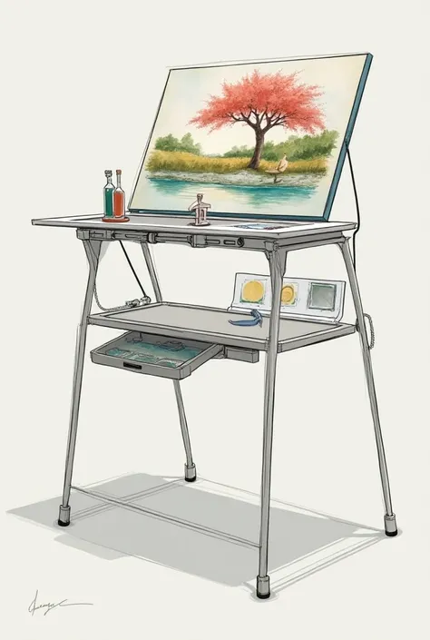 Create ideas for a watercolor art stand ,  in which art materials can be stored and that is portable and adjustable,  finally containing an umbrella and a seat 