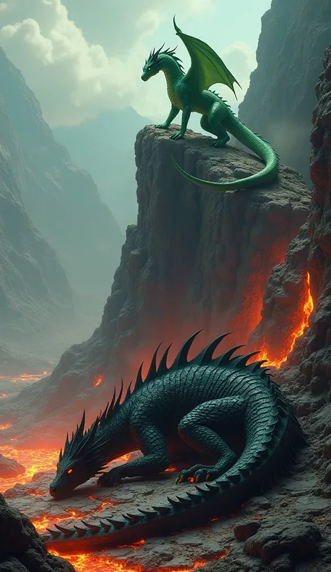 A black Dragon is lying unconscious on the ground and green  Colorful dragon standing with no fear In top of hill mountain with lava 