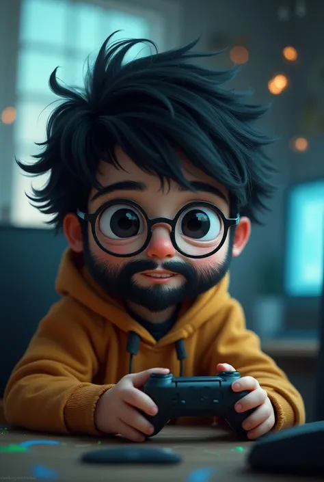 A toddler with black eyes, black medium long hair and beard, a round spectacle and he is a gamer