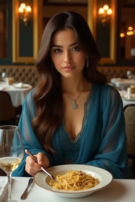 A beautiful Pakistani girl with fair skin, chubby cheeks, round face and almond eyes, wearing a blue shalwar qameez with delicate silver jewellery, She has dark brown hairs, sitting in a fancy restaurant eating white sauce pasta, realistic woman