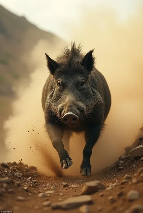 a wild boar running towards a hill leaving a nine of dust behind it seen from behind in perspective 