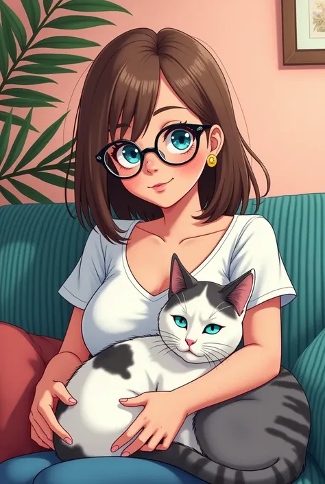 Create a anime character in Japanese manga style of a German 20 years old women who is 1,65m tall and has blue eyes with black framed round glasses and with shoulder long brown straight hair. She sits on a petrol colored cord fabric couch with two cats. On...