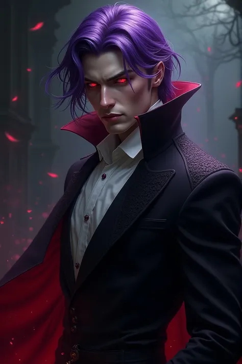 Handsome male vampire with purple hair and red eyes