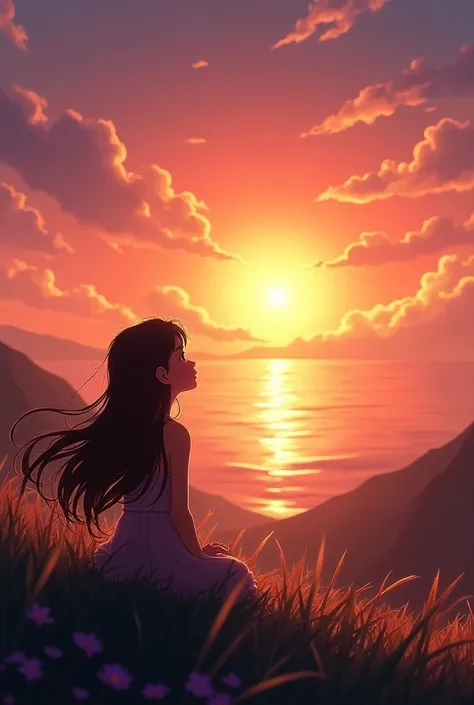 Girl with long hair watching the sunset from behind in animation