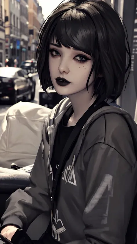 Maxine Caufield, 1-person,, black lipstick, eyeliner, eye shadow, mascara, smoky eyes, black lips, natural lighting, black lips, sweatshirt, sweetheart