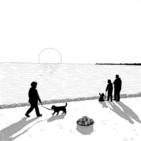 "Black and white pen drawing depicting a serene seaside sunset scene. Silhouetted figures including a person walking a dog, a relaxed cat, and simple details like a bowl of fruit and bread. The background features a large, low-setting sun casting shadows. ...