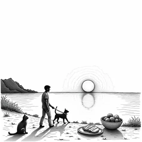 "Black and white pen drawing depicting a serene seaside sunset scene. Silhouetted figures including a person walking a dog, a relaxed cat, and simple details like a bowl of fruit and bread. The background features a large, low-setting sun casting shadows. ...