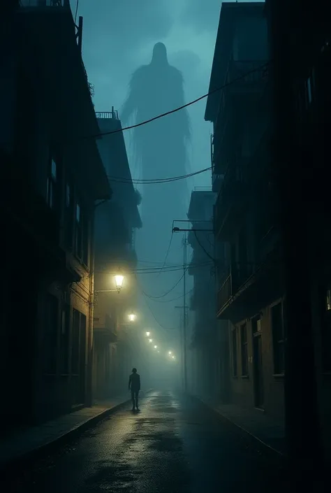 Prompt: "A dark, creepy street at night, with faint ghostly shadows in the distance and an unsettling atmosphere, hinting at mysterious sounds in the air."