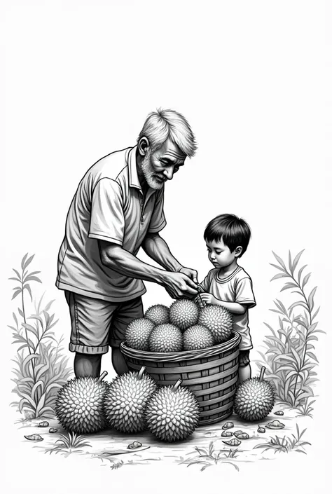 Black and white Sketch old man and boy filling durian in basket