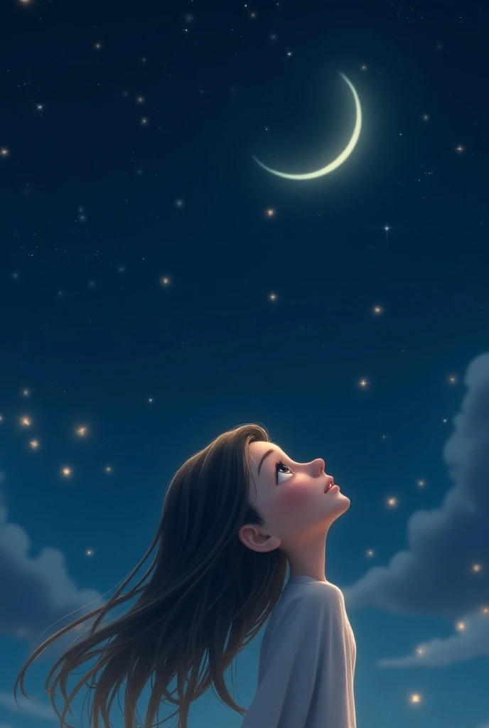 Girl with long hair looking at the stars 
 Animated backwards