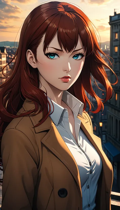 makise kurisu from steins gate anime, 1girl, overcoat, standing, basel city background, sexy pose, detailed face, detailed eyes, detailed lips, long eyelashes, elegant, intricate details, cinematic lighting, 8k, high quality, photorealistic, masterpiece, v...