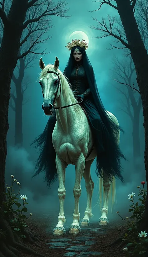 A spectral, ethereal renaissance ghostly bride, with tattered veil, creamed-color flower crown saturated with dripping blood, rides atop a translucent, ghostly steed, both figures glowing with an otherworldly luminescence, as they ride through the darkness...