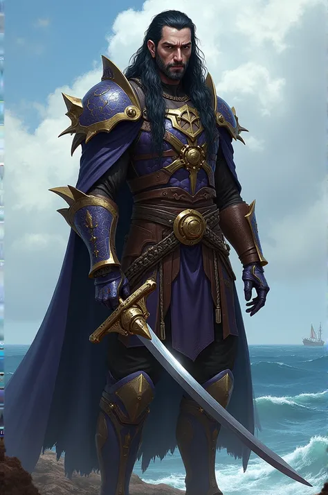  Pirate Dalamar is a sea elf, a tall and prudent warrior , with black hair up to his shoulders ,  Dalamar is charismatic and strong .  He is wearing a dark pirate cloak under which you can see a mitrile chain mail .  His arms and legs are protected by home...