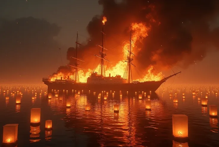 detailed ship on fire, surrounding floating 100000000 lanterns, dramatic fire, glowing embers, intense flames, billowing smoke, orange and red colors, dramatic lighting, cinematic composition, ultra-detailed, (best quality,4k,8k,highres,masterpiece:1.2),ul...