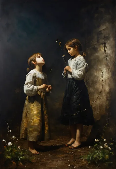 painting of two - a boy and a girl playing in the garden, dynamic pose, dramatic, dark atmosphere, cinematic scene, in the style of nicola samori