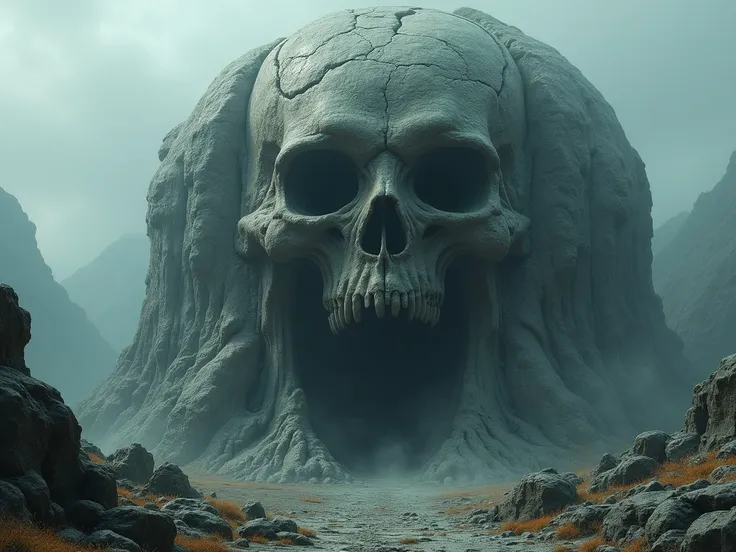 A huge scary fairy-tale rock with an entrance in the form of a skull.