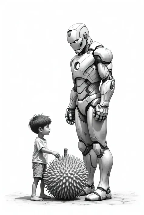 Black and white Sketch Iron Man and boy filling durian in basket