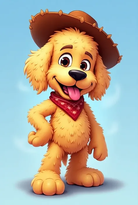 Picar movie Toy Story 3 logo in blue and yellow, with a cartoon golden doodle with curl hair and tongue sticking out, dress as woody. 