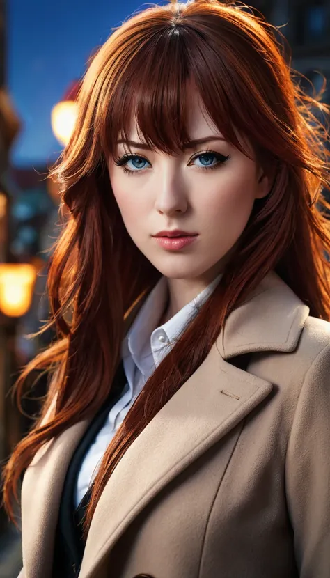 makise kurisu from steins gate anime, 1girl, overcoat, standing, basel city background, sexy pose, detailed face, detailed eyes, detailed lips, long eyelashes, elegant, intricate details, cinematic lighting, 8k, high quality, photorealistic, masterpiece, v...