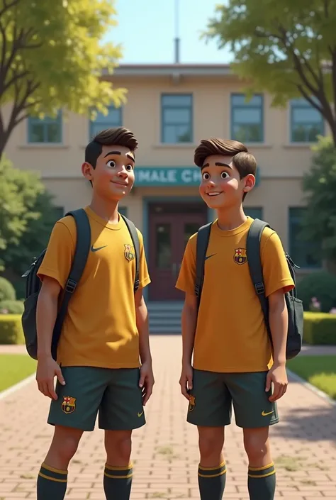 Generate a realistic image of Cristiano Ronaldo and Lionel Messi as young students in a school setting. They are wearing casual school uniforms with backpacks and standing in front of a school building. Ronaldo and Messi look happy and engaged, as if they’...