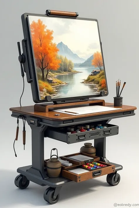 Create ideas for a watercolor art stand , in which you can store art materials , that can be easily taken anywhere industrial design