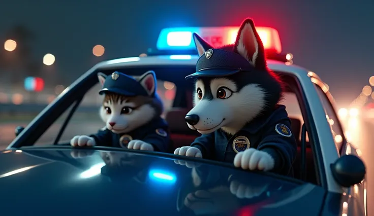 Style: Realistic, cinematic, action, sharp, concept art. Details: The close-up: two dog police are driving police car, BREAK, the kitten sit in the passenger seat, at night. Characters: The dog police, kind Husky, athletic body, black - whiter fur, determi...