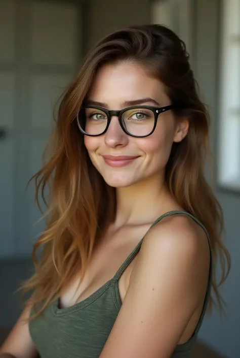  A 20-year-old German .  She has green eyes and shoulder-length , br+Unet hair . she is slim and athletic,  wears her hair open uses subtle makeup .  She wears glasses and looks extremely sweet and cute .  She is dressed a bit nerdy and a slight smile wrap...