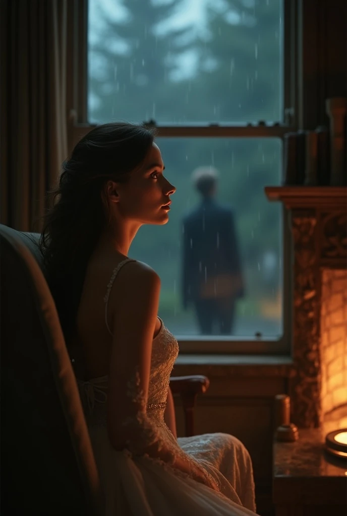 (photorealism:1.2), beautiful woman looking out the window at a man leaving, sitting next to a fireplace, while it rains outside