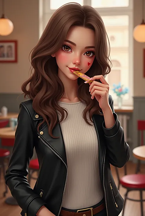    A style that combines realistic depiction with the subtlety of animation、 20歳くらいの長いBrown Hairの女の子  、 wears a black leather jacket 、  knit a white t-shirt inside   、RED HIGH HEELS、 Brown Eyes 、Brown Hair、Heart mark on the cheek  、 eats Pocky in a cute wa...