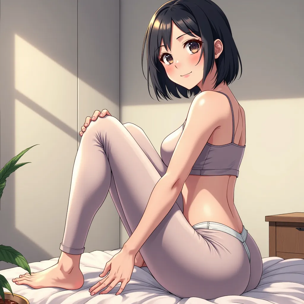 a anime illustration of a woman wearing leggings backwards, bare feet, crop top, short black bob hair, round ass, buttjob sex