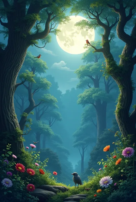 Forests with moonlight filled with lovely trees birds are chirping