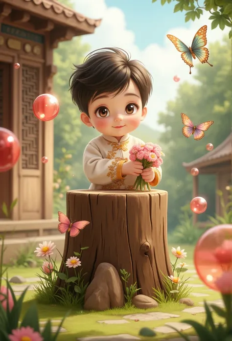 Chinese Baby Boy One Man Illustration、anime、High image quality、cute、llustration, Wearing an Antique Chinese Dress with Stuffed Hair,Put on vintage shoes,Standing behind a flower stump ,butterfly,Transparent Red Bubbles,Holding flowers,Ghiblistai , The cute...