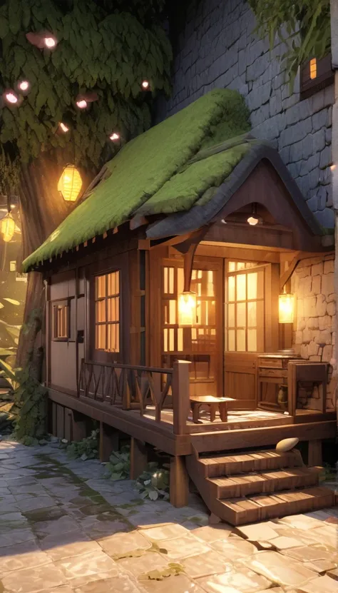 masterpiece, Best Quality, (  Highly Detailed CG Unity 8k Wallpaper ), (Best Quality), ( Best Illustration ), ( best shadow ), A mushroom house covered with moss，Firefly，Starlight envelops the room，petal, Isometric 3D, octane render, ray tracing,Super deta...