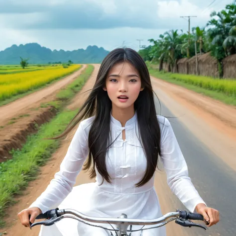 a young vietnamese skinny girl in a white ao dai dress, small breast, riding a bicycle on a rural road, her long black hair flow...