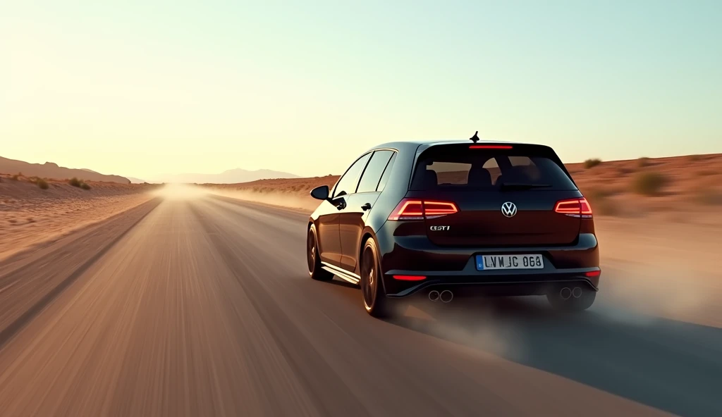 a black car (Golf GTI) racing on a straight road in dry land, dry land, view from behind, UHD, ultra realistic, high details