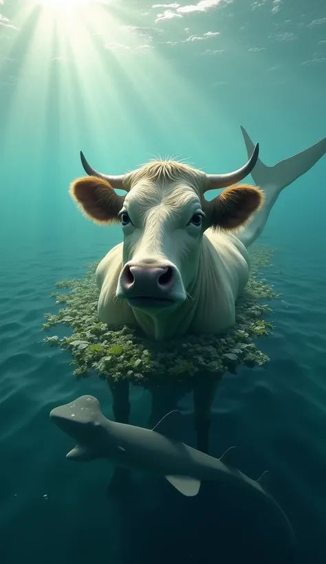 "In the tranquil, glassy waters of the ocean, as the first rays of sunlight filter through the surface, an unusual and peaceful scene unfolds. A Cow, its large, gentle form drifting slowly in the water, floats serenely with the current. Its broad, heavy bo...