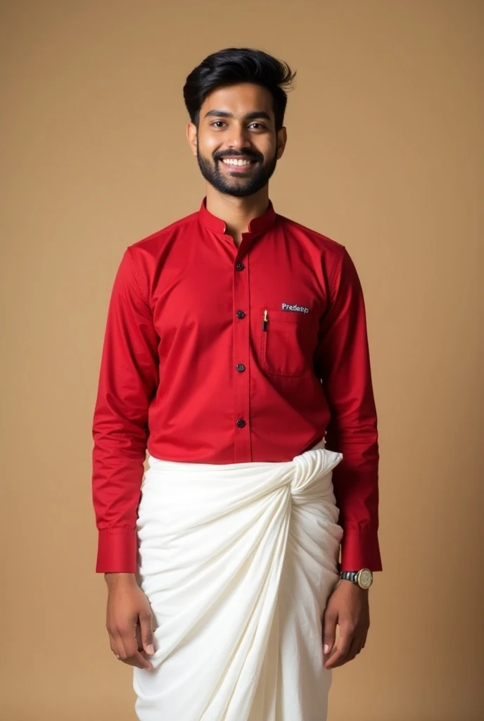 An eighteen year young man wearing dress white mundu and red shirt. In the shirt print name pradeep.