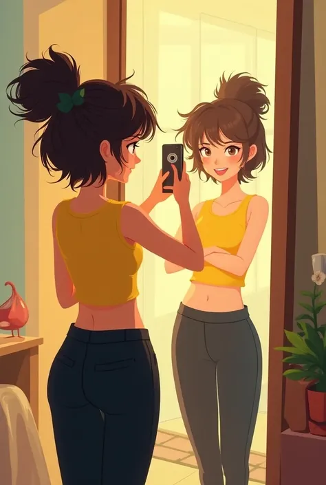 A girl standing in front of mirror with yellow top and black pant with messy ban and clicking selfie from lne hand animated girl