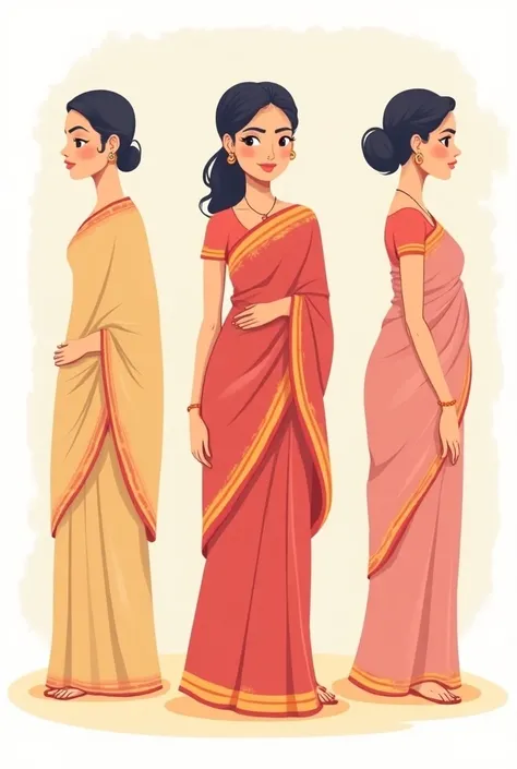 Create an illustration of an Indian cartoon woman around 35 years old, wearing a traditional saree draped from head to toe. Show three poses: front view, back view, and side view. She has a friendly, approachable face with subtle, warm features. Her saree ...