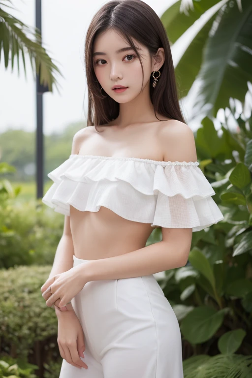 (top-quality, ​masterpiece,  Hi-Res),  beautiful 18 year old woman 。 She is wearing white off-the-shoulder with white frills。It only covers her breasts。Let&#39;s expose our shoulders、 gentle smile touching your head、Show some teeth。 short bob hair straight...