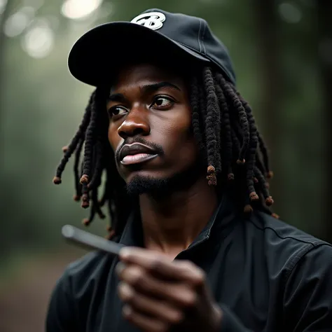 The image shows a black person with dreads wearing a cap and holding something in their hand, with a blurry background and a watermark at the bottom.