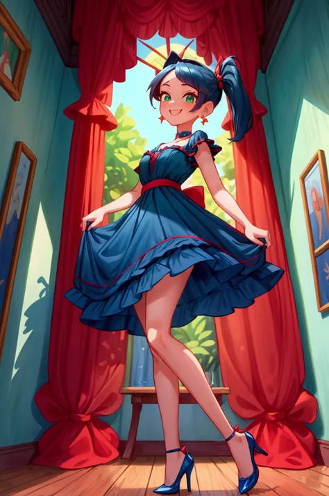 (Masterpiece, best quality) standing indoors with intricate details and sunlight, dark blue hair, two ponytails, green eyes,. red frilled dress with short neckline, earrings, dark blue shoes, diadema. Smile, sexy pose, coquette, beautiful long legs, teen g...