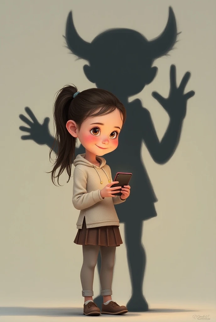 A Smiling girl using smartphone. Shadow of smartphone is a devil  shadow.