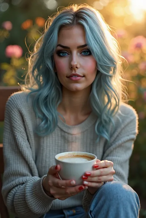 ultra realistic  professional full body close up  camerA(((
 {blue-haired woman in a form-fitting cashmere sweater and tailored pants, delicately holding a steaming coffee cup}, cozy lifestyle art, Art inspiration: Loish and Ross Tran, {seated in a lush ga...