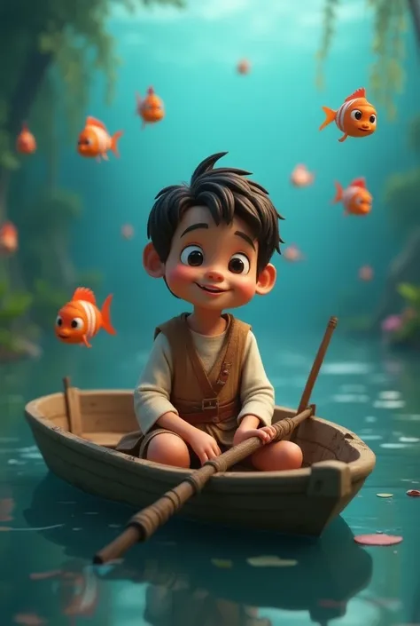 Boy sitting in a boat dressed as a fisherman from the time of Jesus happy Disney 3d one fish   jumb and jumb in വാട്ടർ feldown 