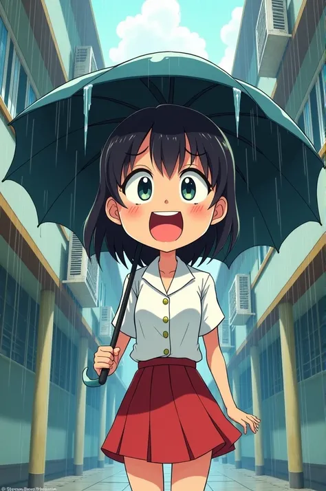 Create a cartoon style of an exaggerated face of a student, wearing a white blouse uniform and a red, above the knee length skirt, shes holding an umbrella because of the leaking air-conditioning units from above the building, and it looks like its raining...