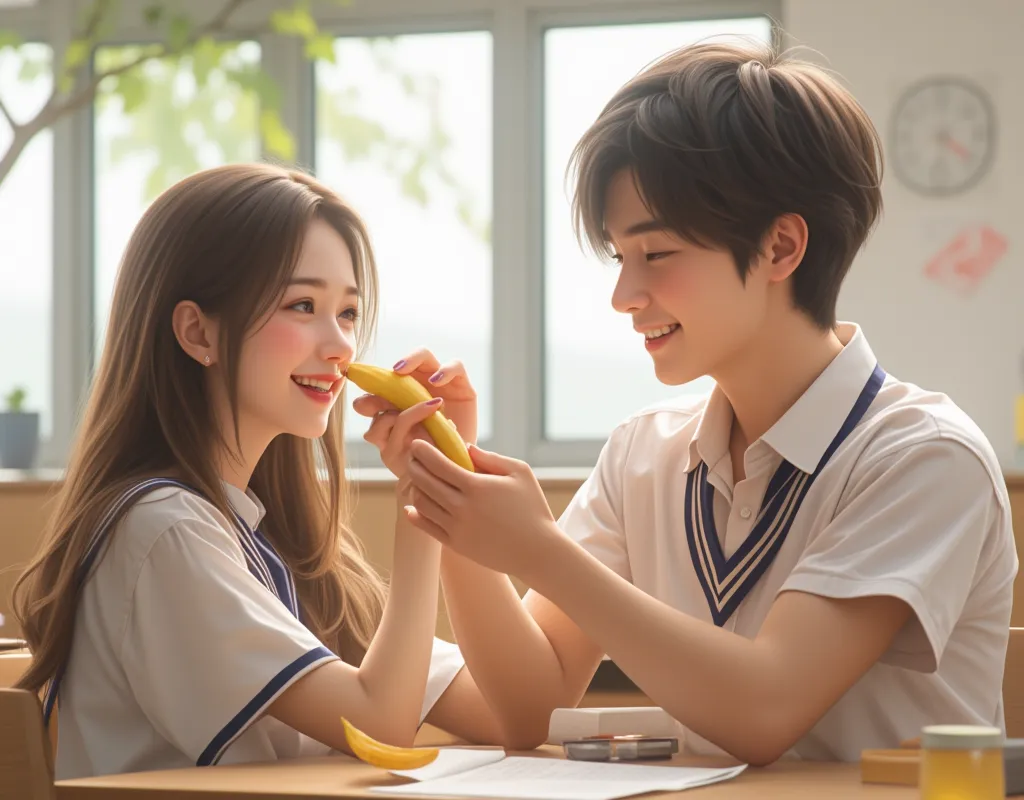 whole body、high school classroom、 short hair、a male student is holding a banana in his hand and feeding a female student、 chair ...