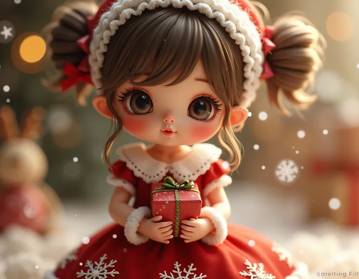 Cute doll girl wearing Christmas dress