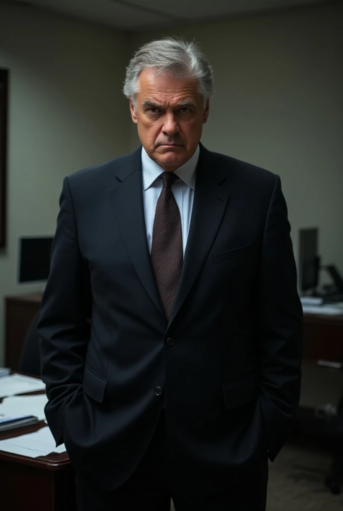  "A middle-aged businessman in a dark suit stands in his office, looking directly at the viewer with a serious, concerned expression. The background shows a desk cluttered with documents and a computer, highlighting a busy work environment. His face reflec...